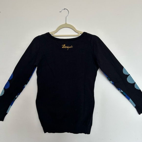 Desigual Long Sleeve Sweater Medium Black with colorful pattern and rhinestones. - Picture 2 of 5